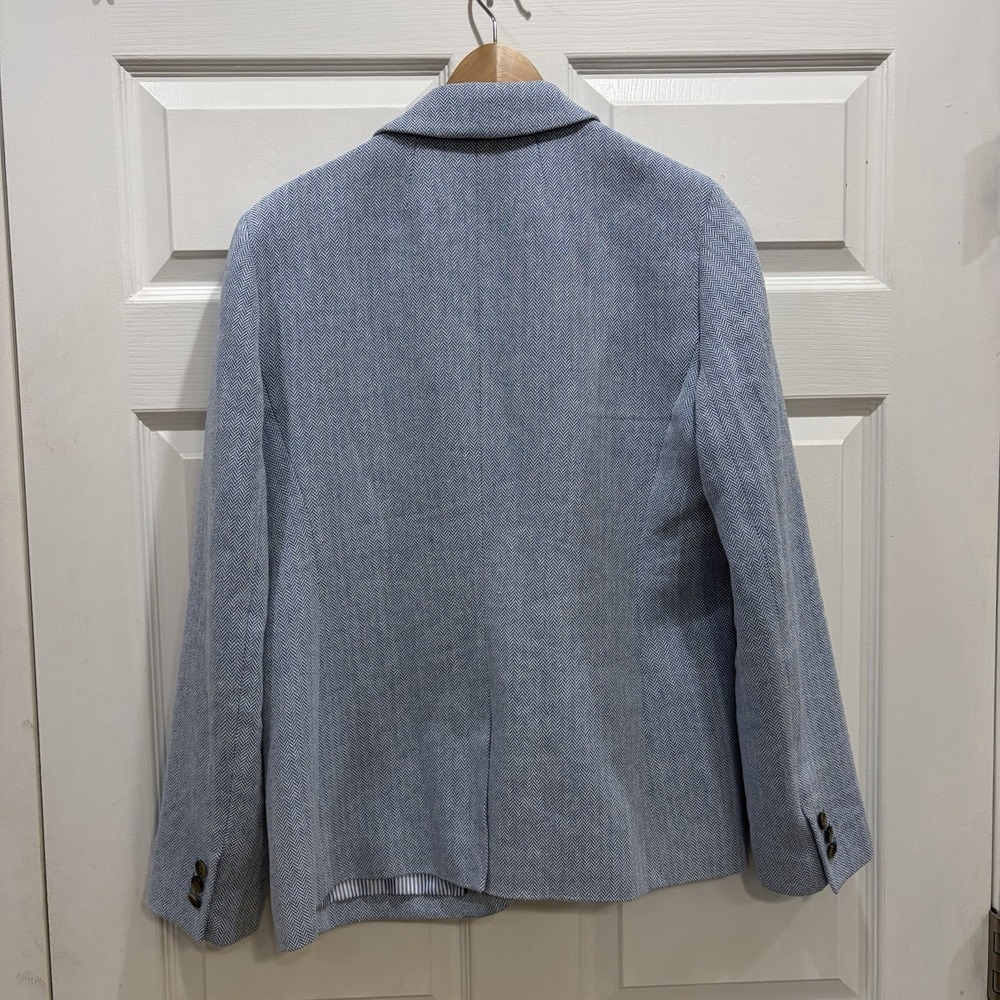 J. Crew Blazer Jacket Women's 14 Blue Herringbone One Button Linen Cotton Blend - Picture 7 of 13
